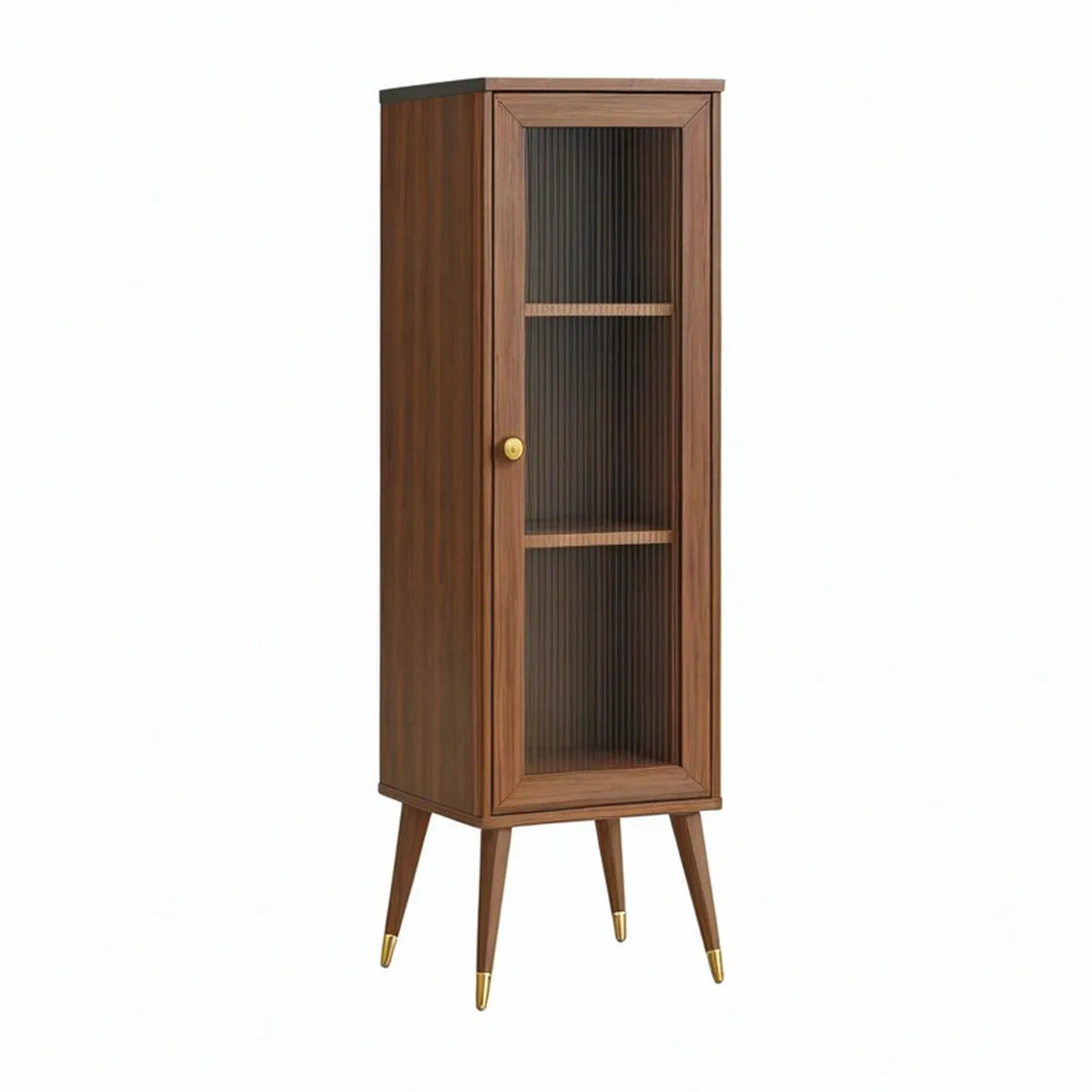 Vysoká úložná skříň z MDF v ořechově hnědé barvě s černým žebrovaným sklem, 50 × 40 × 160 cm
