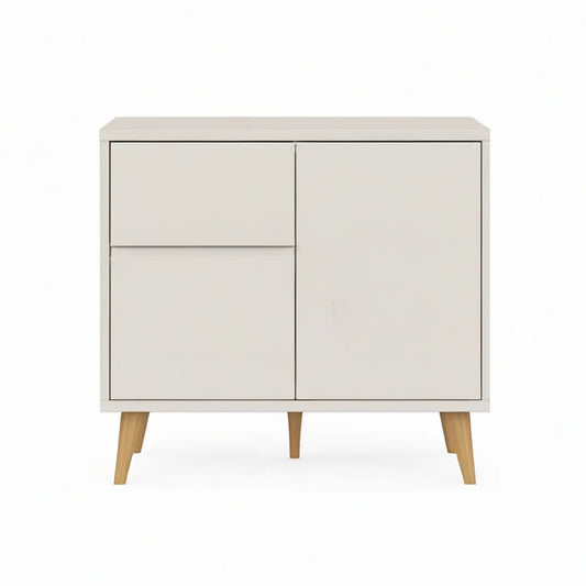 Bílý příborník z MDF s 1 zásuvkou a 2 dvířky, 80 × 40 × 90 cm, nohy z přírodního borovicového dřeva