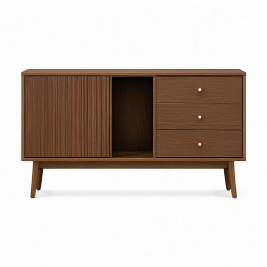 Příborník z MDF s ořechovou dýhou, 3 zásuvkami a posuvnými dvířky, hnědý, 160 × 40 × 85 cm